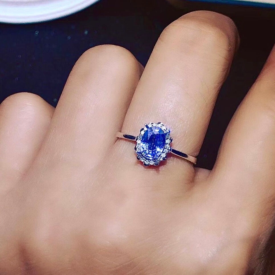 Natural Ceylon Blue Sapphire Ring, September Birthstone, Solid 18K White Gold Genuine Diamond Rings, Handmade Engagement Gift For Women Her