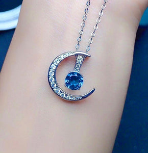 Natural Blue Topaz Pendant,Moon Star,S925 Sterling Silver,February Birthstone,Handmade Engagement Gift For Women Her