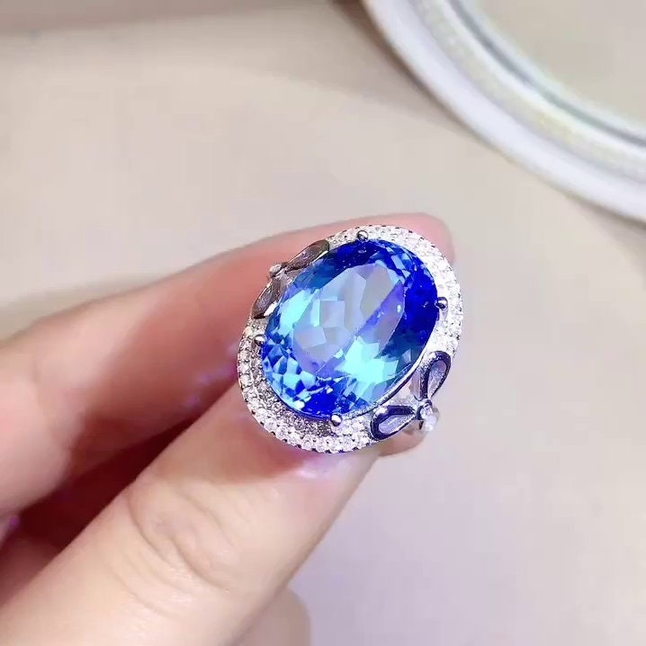 Huge Natural Swiss Blue Topaz Ring, S925 Sterling Silver, November Birthstone, Handmade Engagement Gift For Women Her