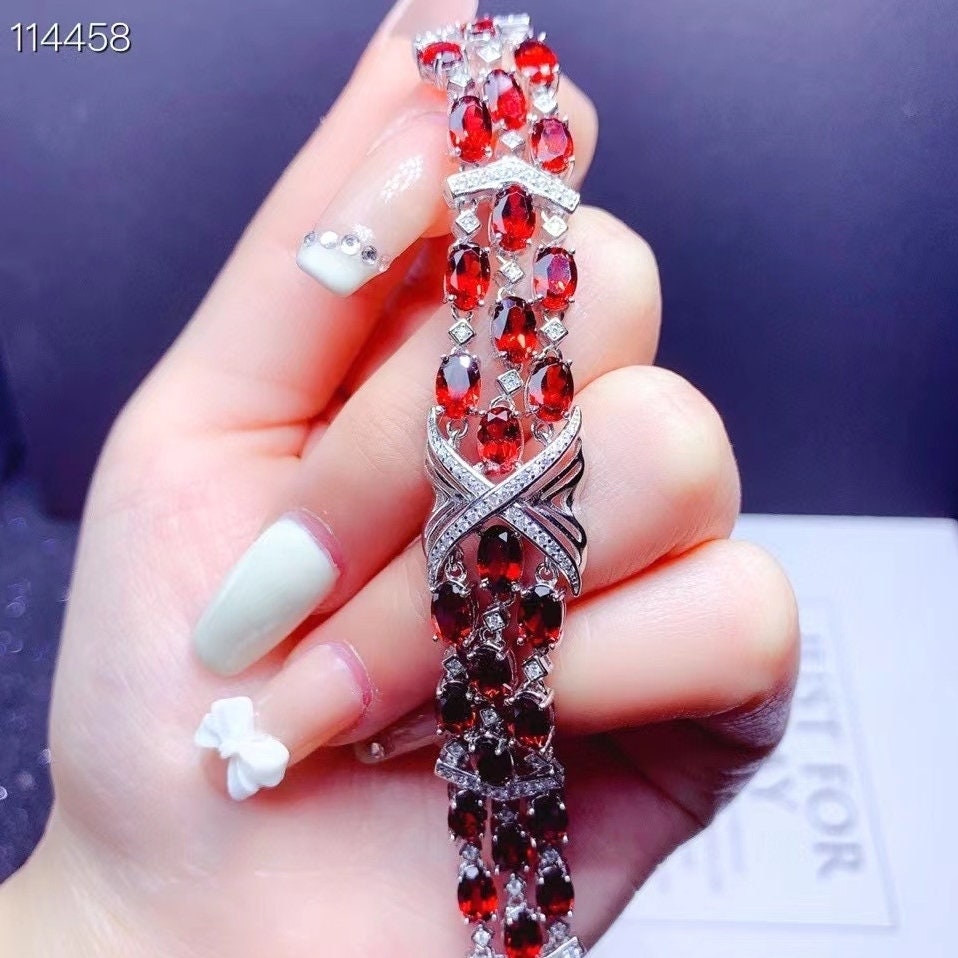 Luxury Natural Red Garnet Bracelet, January Birthstone, S925 Sterling Silver, Handmade Engagement Gift For Women Her