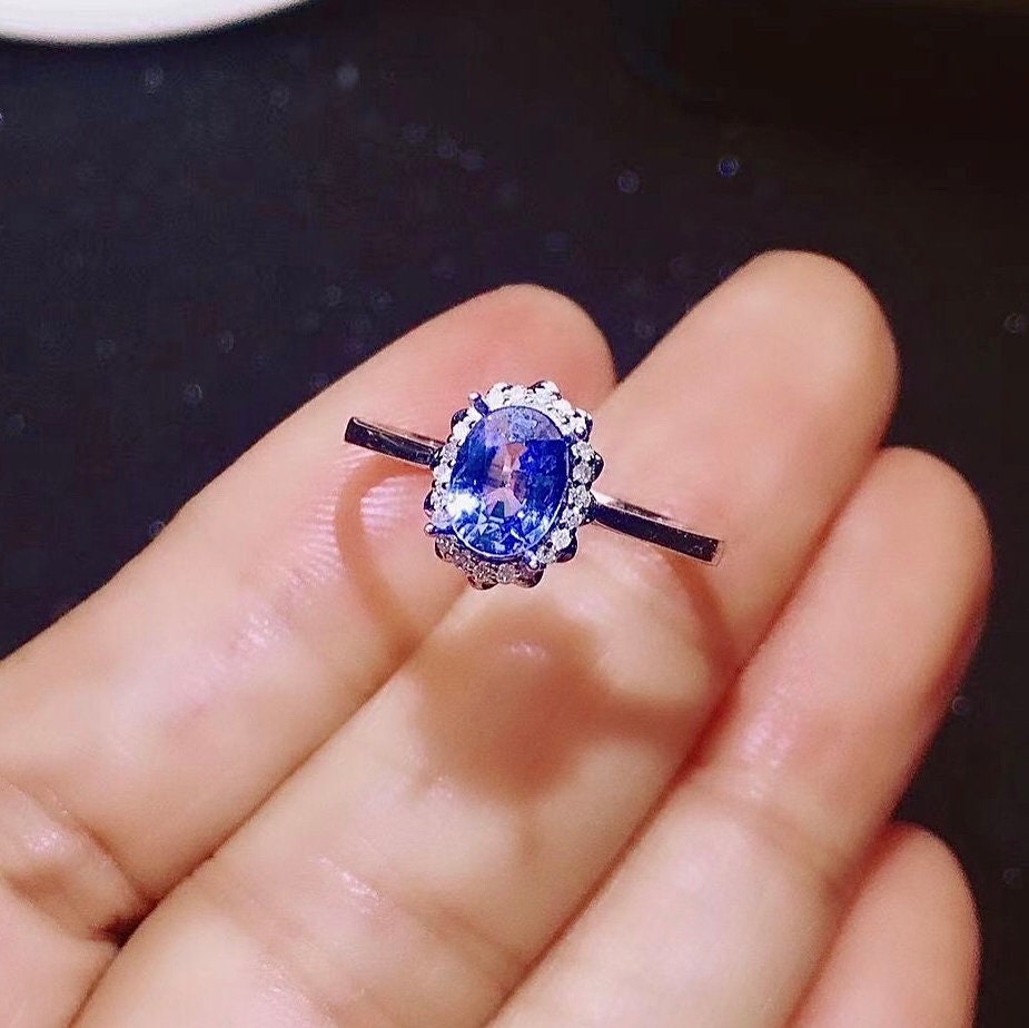 Natural Ceylon Blue Sapphire Ring, September Birthstone, Solid 18K White Gold Genuine Diamond Rings, Handmade Engagement Gift For Women Her