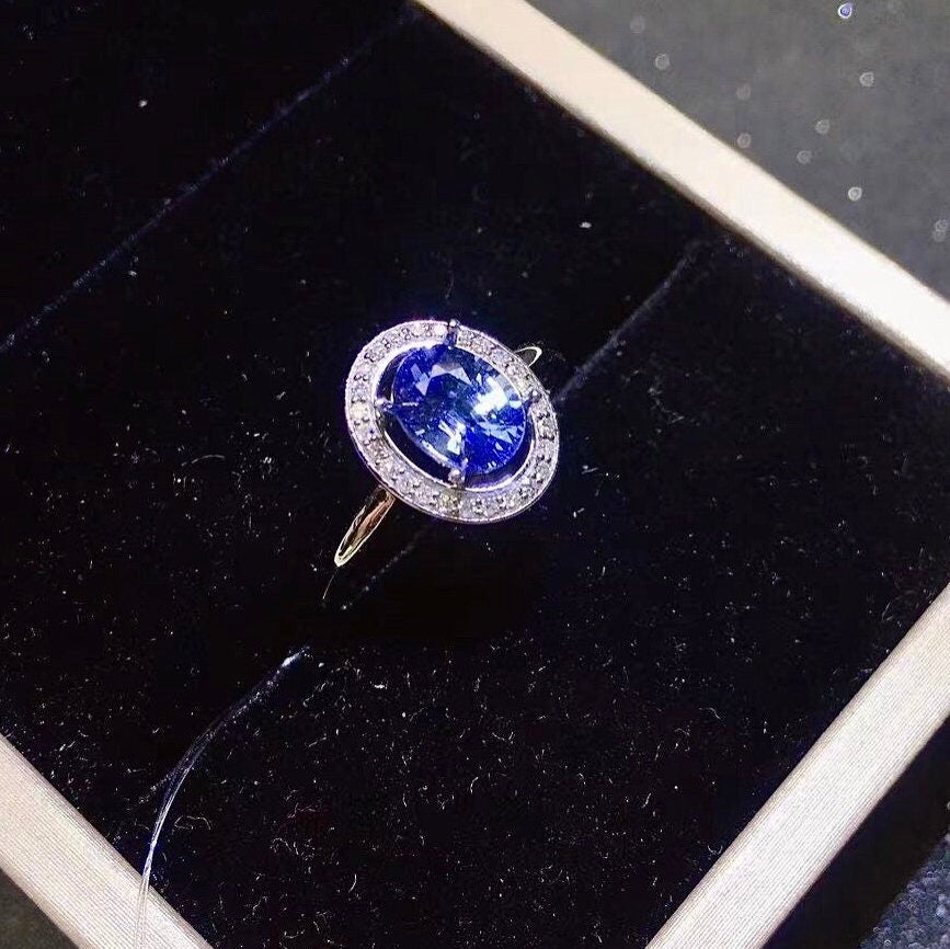 Natural Blue Sapphire Ring, 18K White Gold, Diamonds, September Birthstone, Handmade Engagement Wedding, Gift  For Women Her