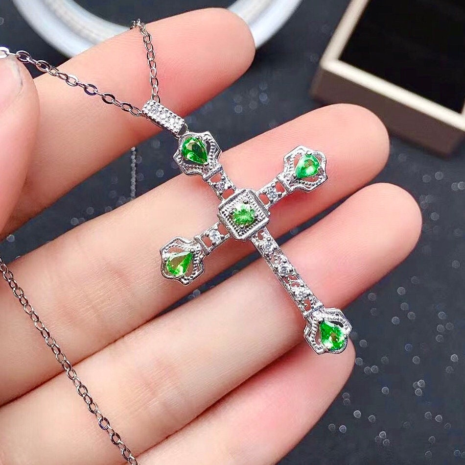 Natural Green Tsavorite Necklace, S925 Sterling Silver, May Birthstone, Handmade Engagement Gift For Women Her