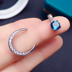 Natural Blue Topaz Pendant,Moon Star,S925 Sterling Silver,February Birthstone,Handmade Engagement Gift For Women Her