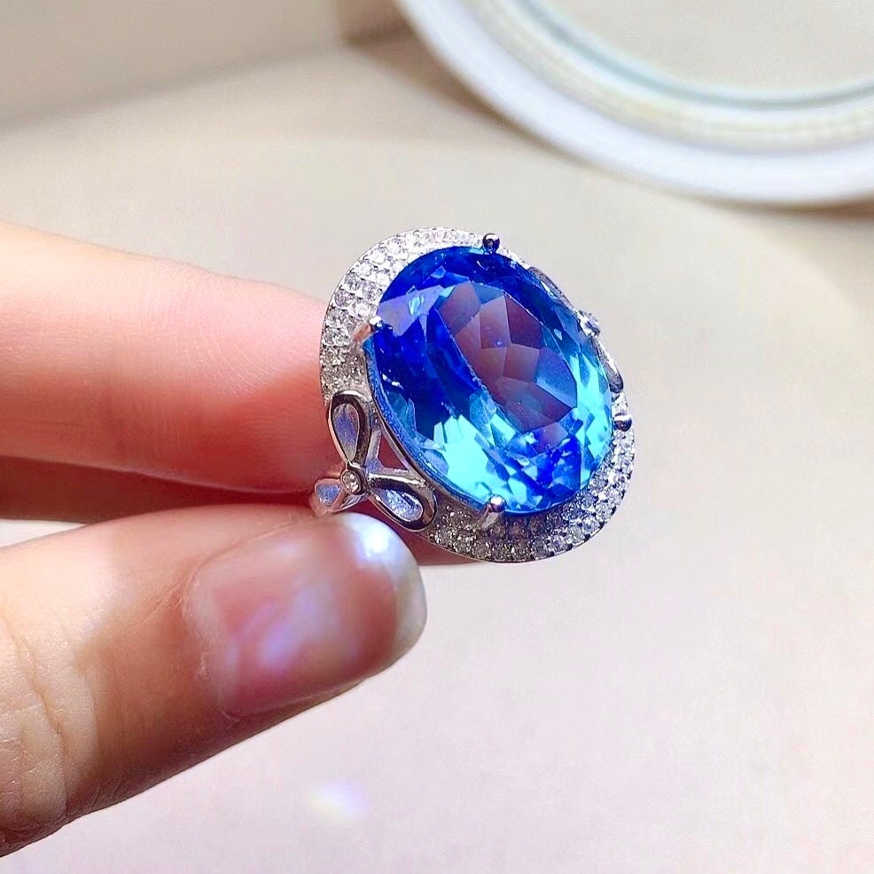 Huge Natural Swiss Blue Topaz Ring, S925 Sterling Silver, November Birthstone, Handmade Engagement Gift For Women Her