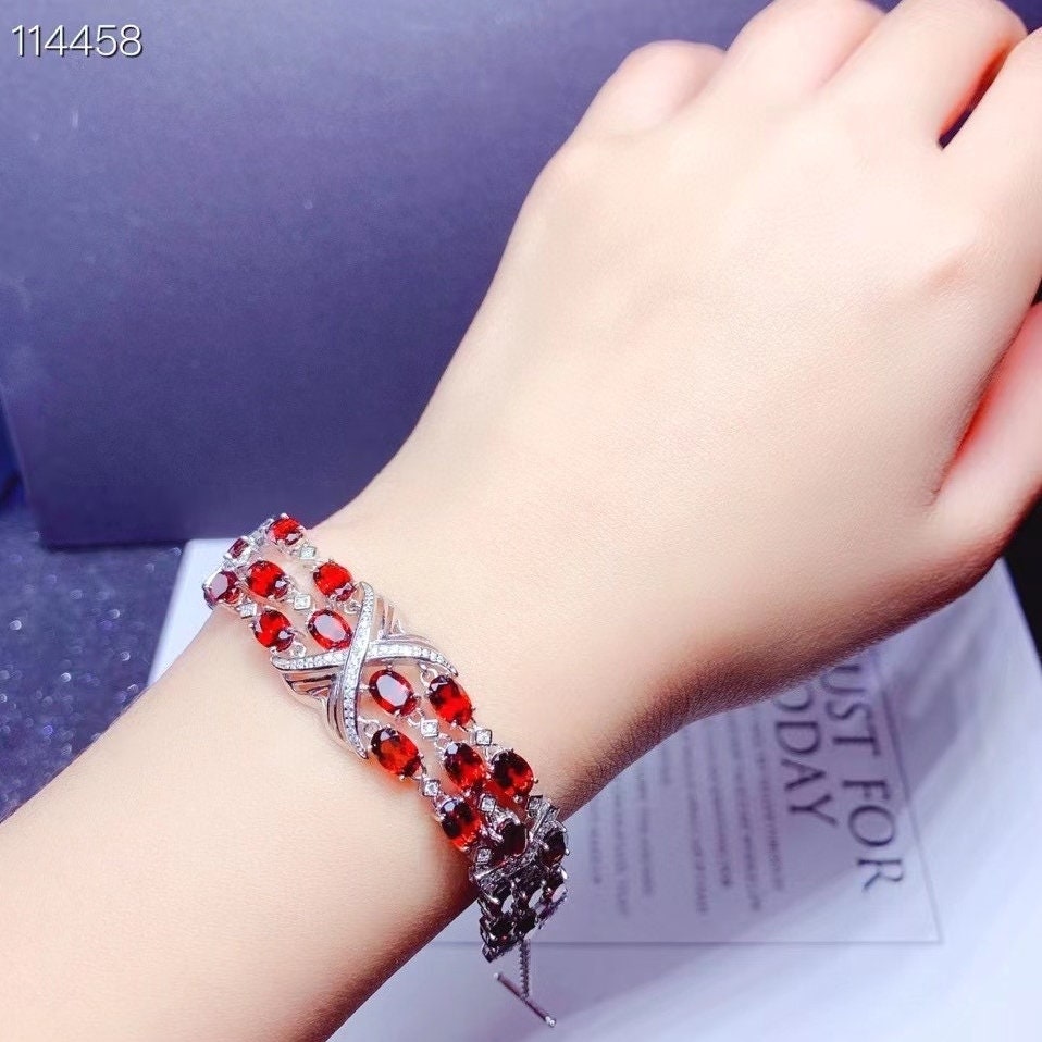 Luxury Natural Red Garnet Bracelet, January Birthstone, S925 Sterling Silver, Handmade Engagement Gift For Women Her