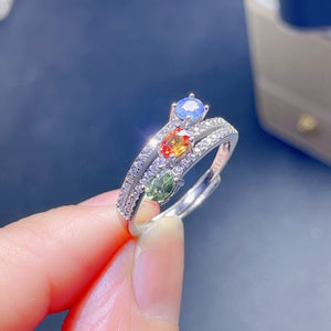 Natural Multi Color Sapphire Ring, S925 Sterling Silver, September Birthstone, Handmade Engagement Gift For Women Her