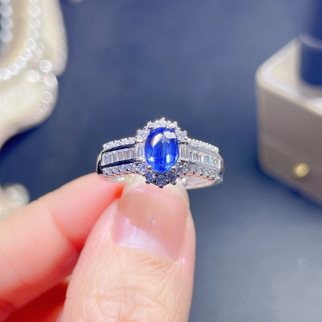 Natural  Blue Kyanite Ring, S925 Sterling Silver, Handmade Engagement Gift For Women Her