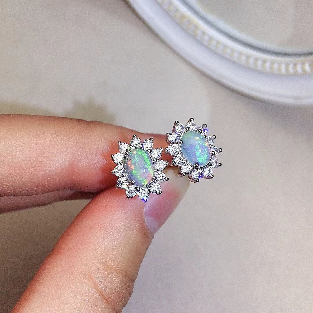 Natural Opal Earrings, S925 Sterling Silver, October Birthstone, Handmade Engagement Gift For Women Her