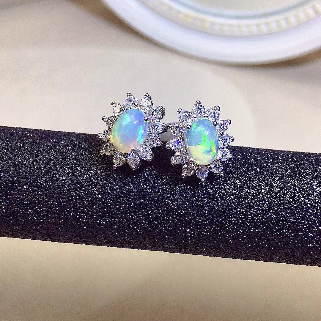 Natural Opal Earrings, S925 Sterling Silver, October Birthstone, Handmade Engagement Gift For Women Her