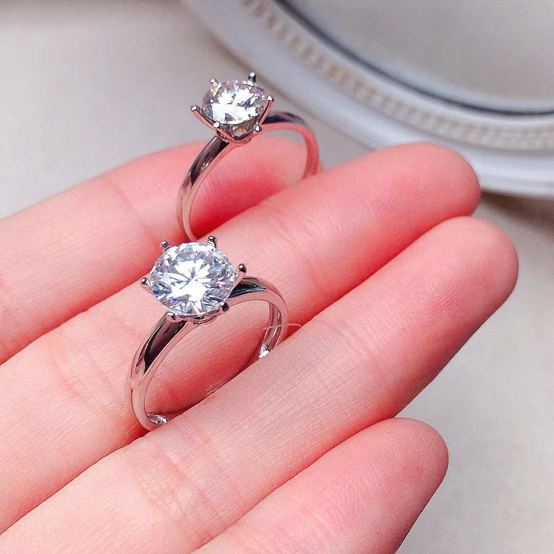 1 or 1.5 Carat Tiffany Style Moissanite Ring, 18K White Gold,  Handmade Wedding Engagement Gift For Women Her