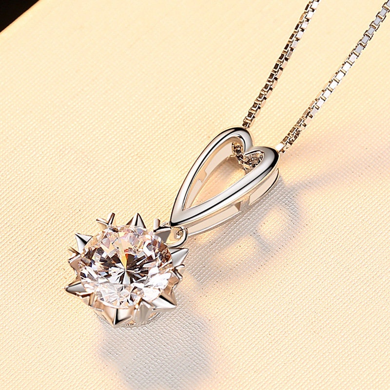 1 or 2 Carat Shinning Moissanite Pendant Necklace, S925 Sterling Silver, Handmade Engagement Gift  For Women Her