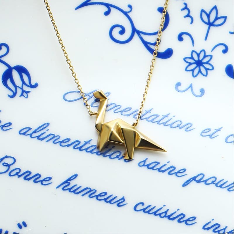 9K Yellow Gold Pendant Necklace, Dinosaur Pendant, Handmade Engagement Gift  For Women Her