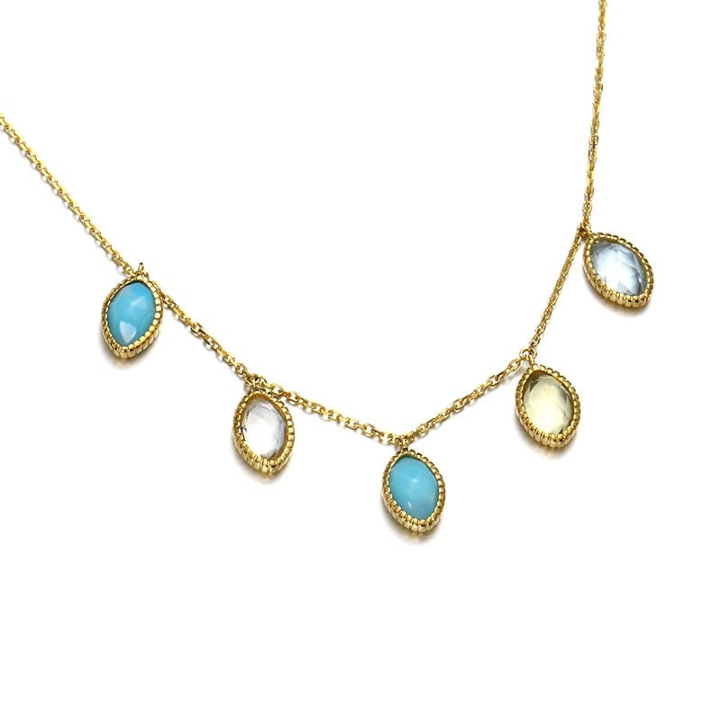 9K Yellow Gold  Multi Natural Gemstones Pendant Necklace, Handmade Engagement Gift  For Women Her
