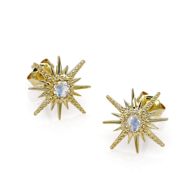 Shinning Moonstone Earrings, 10K Yellow Gold, Handmade Engagement Gift  For Women Her