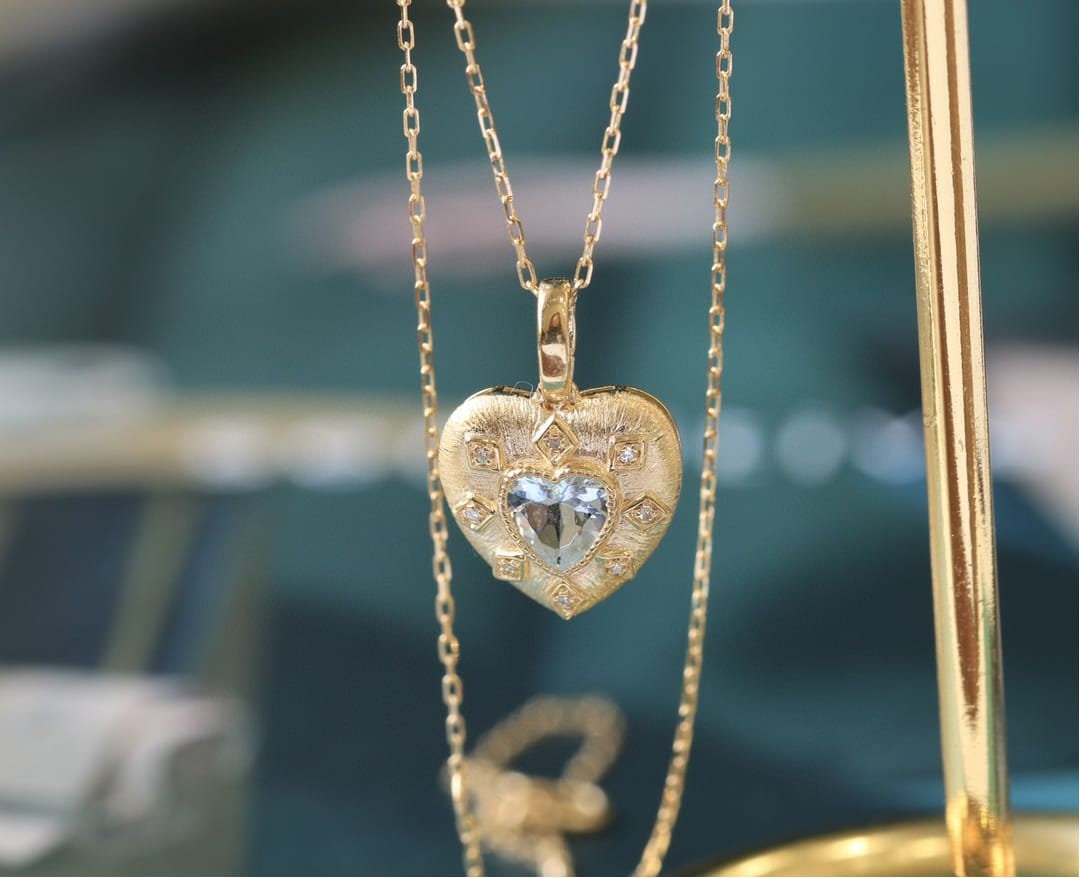 18K Yellow Gold Natural Blue Aquamarine Pendant Necklace, Gold Pendant For Women, Handmade Engagement Gift For Women Her