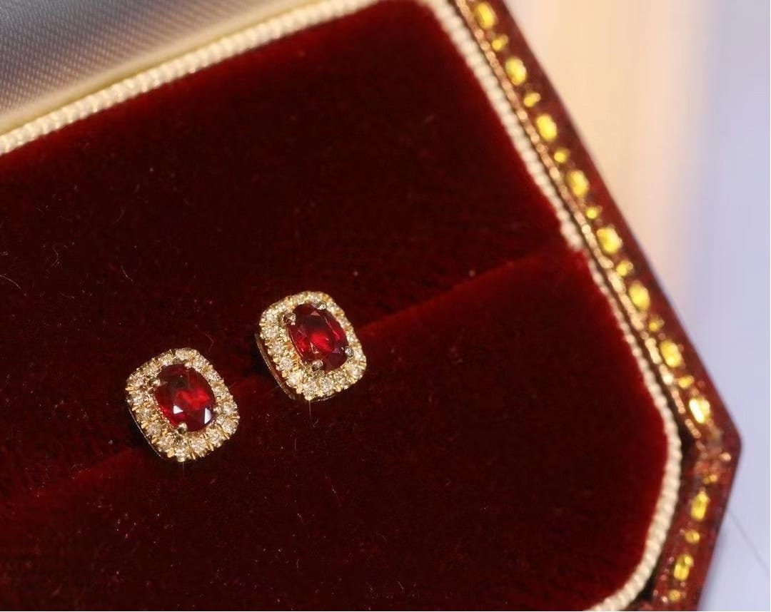 Natural Red Ruby Earrings, Au750 18K Gold Earrings, July Birthstone, Handmade Engagement Gift For Women Her