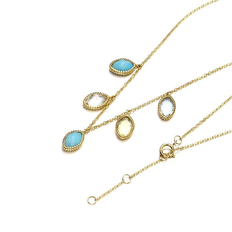 9K Yellow Gold  Multi Natural Gemstones Pendant Necklace, Handmade Engagement Gift  For Women Her