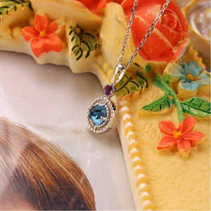 10K White Gold London Blue Topaz Moissanite Pendant Necklace, Handmade Engagement Gift  For Women Her