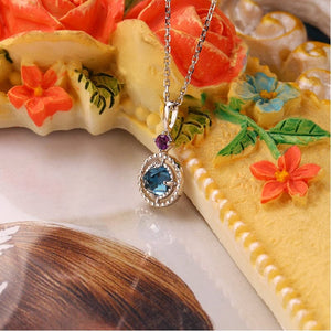 10K White Gold London Blue Topaz Moissanite Pendant Necklace, Handmade Engagement Gift  For Women Her