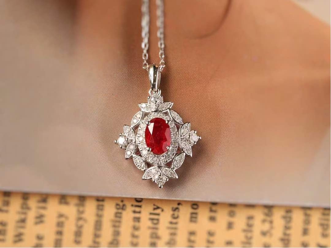 18K Gold Natural Pigeon Blood Red Ruby Pendant Necklace, Diamond Side Stones, Gold Pendant For Women, Handmade Engagement Gift For Women Her