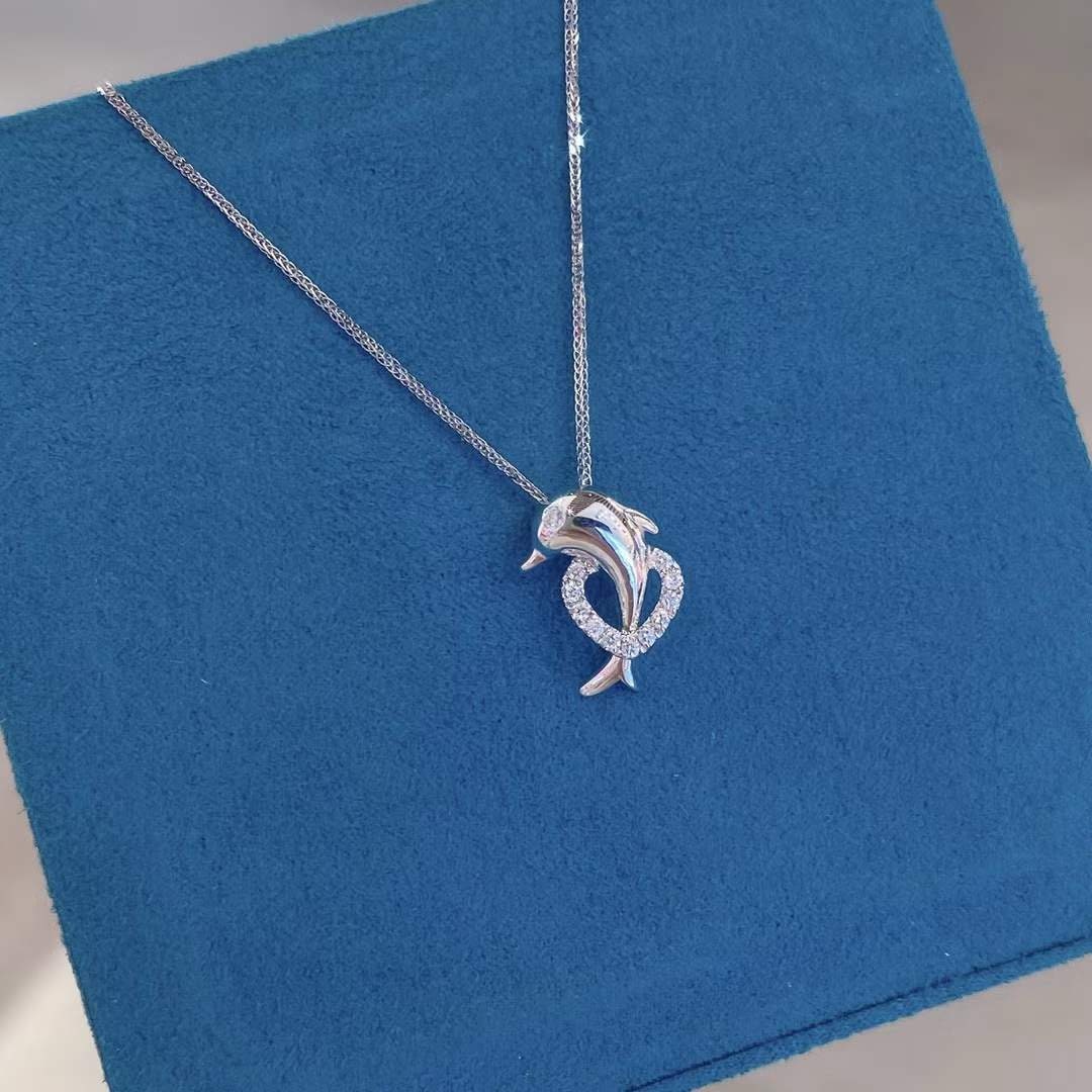18K Gold Diamond Pendant Necklace, Dolphin Pendant, Handmade Wedding Anniversary Engagement Proposal Promise Gift  For Women Her