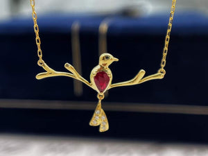 18K Gold Natural Blood Red Ruby Pendant Necklace, Diamond Side Stones, Gold Pendant For Women, Handmade Engagement Gift For Women Her