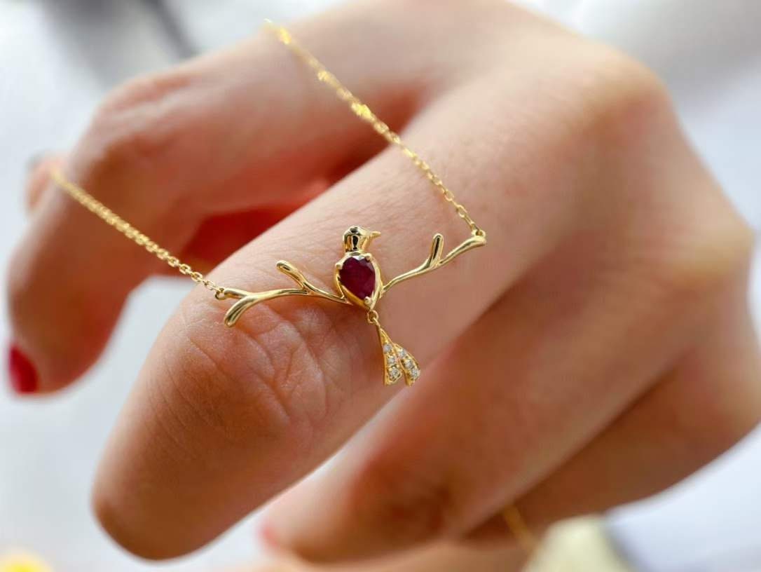 18K Gold Natural Blood Red Ruby Pendant Necklace, Diamond Side Stones, Gold Pendant For Women, Handmade Engagement Gift For Women Her